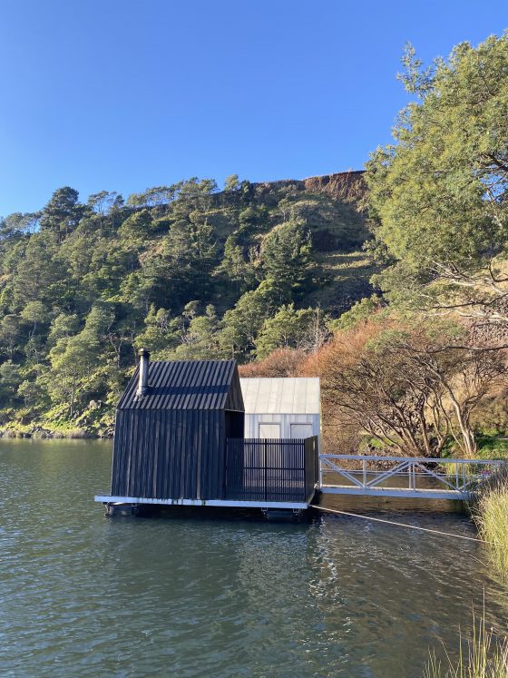 Floating sauna & change rooms at Lake Derby, Tasmania