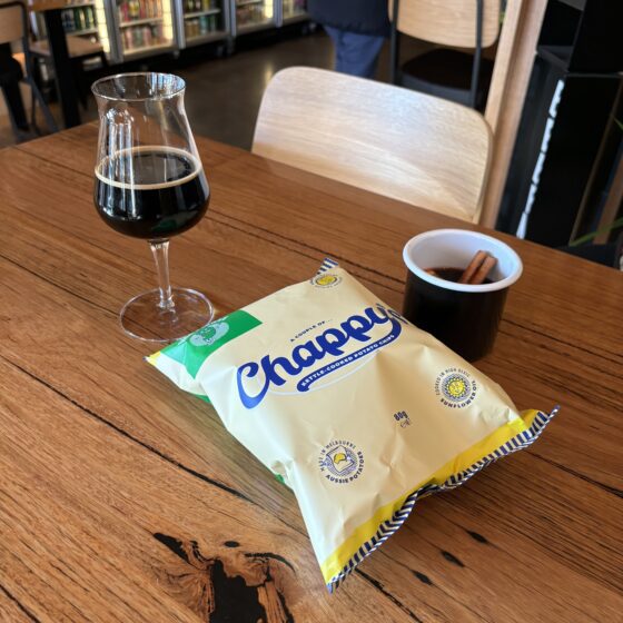 Beermash Porter, Mulled Wine and Chips. Photograph: Mark Ferguson