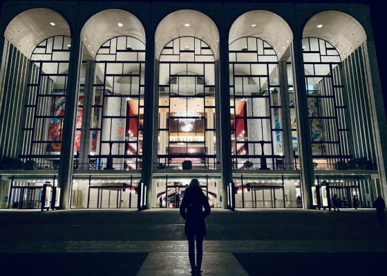 silhouette of woman standing front of building during night time